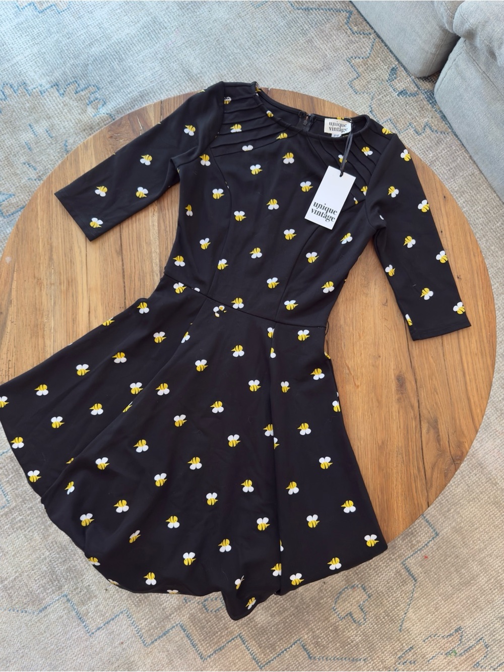 Unique Vintage Black Bee Print Fit-and-Flare Dress